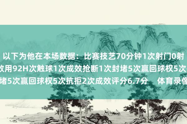 以下为他在本场数据：比赛技艺70分钟1次射门0射正2次重要传球传球成效用92H次触球1次成效抢断1次封堵5次赢回球权5次抗拒2次成效评分6.7分    体育录像/图片