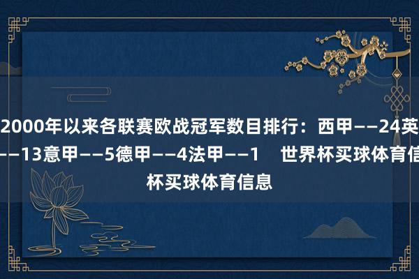 2000年以来各联赛欧战冠军数目排行:西甲——24英超——13意甲——5德甲——4法甲——1 世界杯买球体育信息